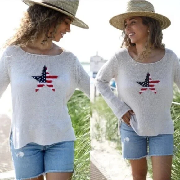 Wooden Ships Open Knit American Flag Star Sweater USA Patriotic Women's S/M - Picture 3 of 9